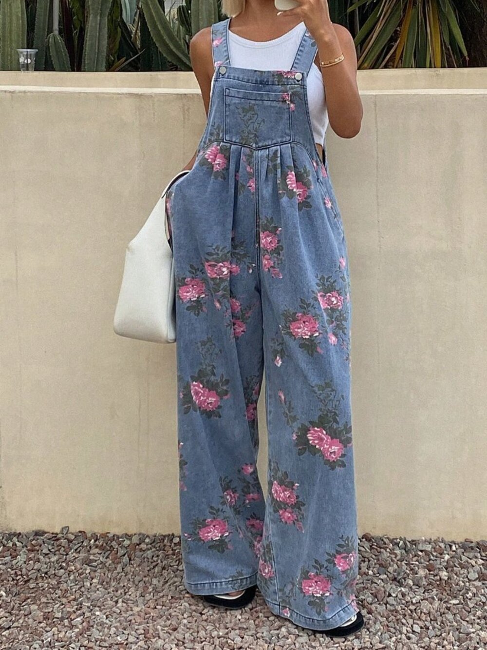 Blue Boho Women's Denim Pleated Wide-Leg Floral Jumpsuit - Picture 5 of 7